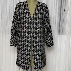 Classic Houndstooth Open Front Long Blazer/Coat No Collar 3/4 Sleeves Size 6